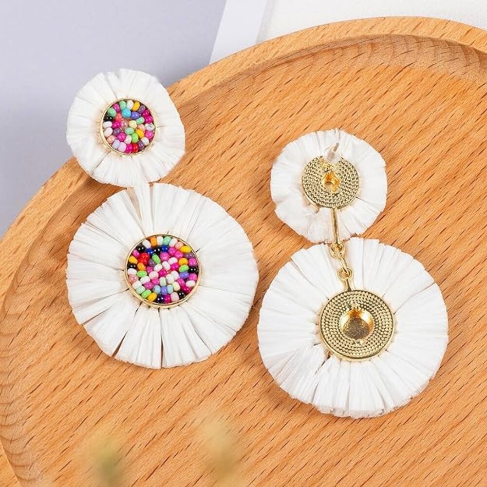 Stack Fringe Drop Beaded Raffia Earrings